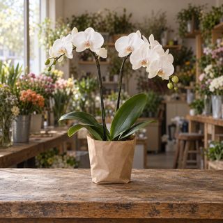 The photo she just took: a white orchid in a kraft paper sleeve on the counter